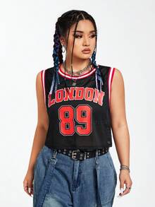 SHEIN Coolane 大尺寸條紋圖案背心,附有字母和數字裝飾 - 黑色 - 查看 6