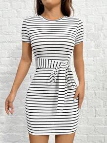 SHEIN EZwear Đen & Trắng Sọc Dệt kim Váy bodycon Đối với phụ nữ - Đen và trắng - Xem 5