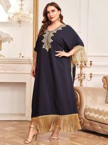 Al Najma Túnica Para Mujer De Talla Grande Con Encaje Soluble En Agua Y Mangas Murciélago Decoradas Con Flecos