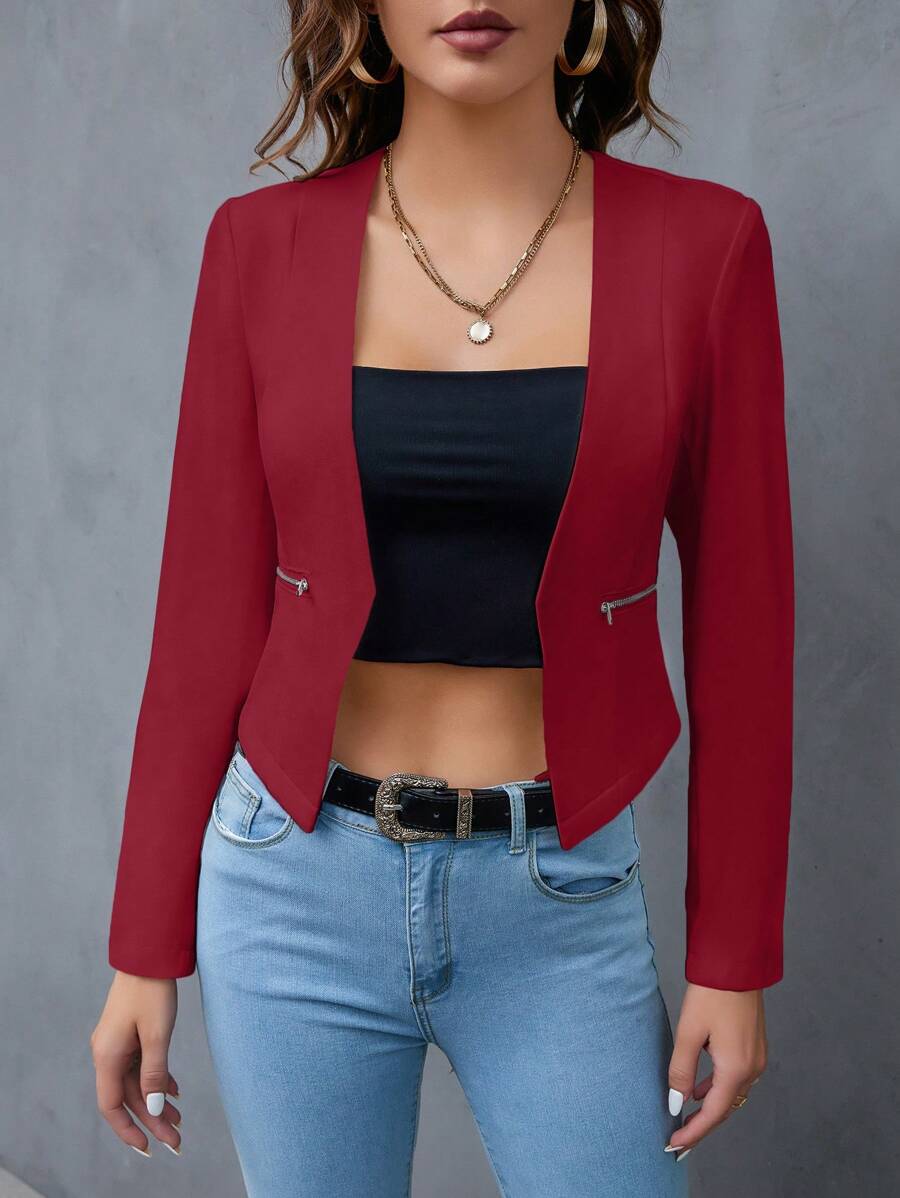 SHEIN Privé Solid Open Front Work Women Crop Blazer In Fall/Winter - Red - View 1