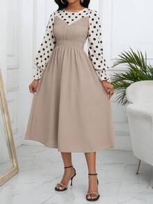 SHEIN Clasi 波點印花拼接裙 - 杏色 - 查看 3