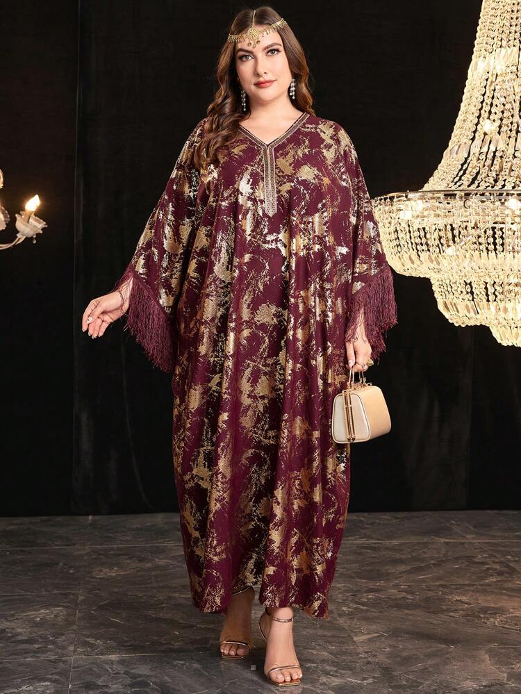 Burgundy Red Plus Size Gold Foil Print Fringe Detail Batwing Sleeve Dress Kaftan Jalabiya Dress