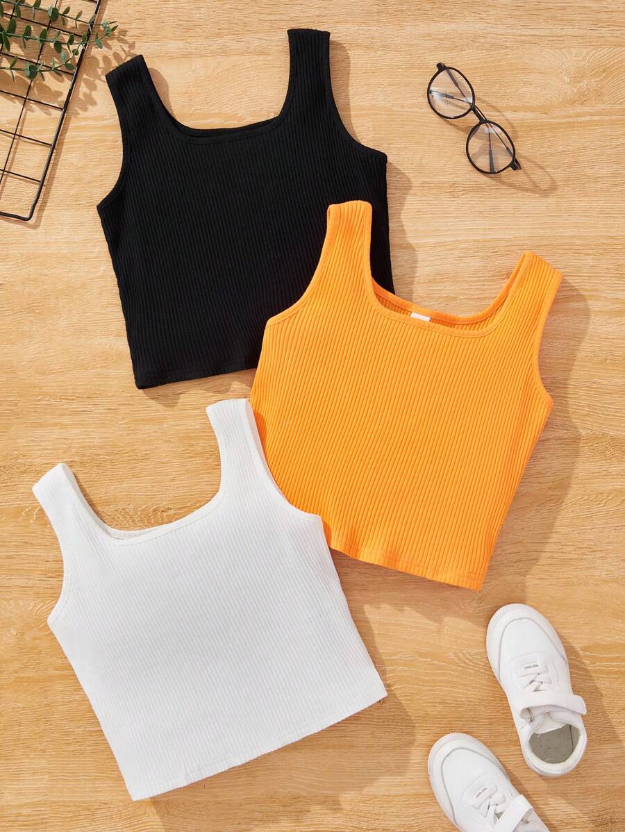 SHEIN Canotta Basic In Maglia Tinta Unita Per Ragazze, 3 Pezzi/set, Primavera Ed Estate - Multicolore - Visualizzare 1