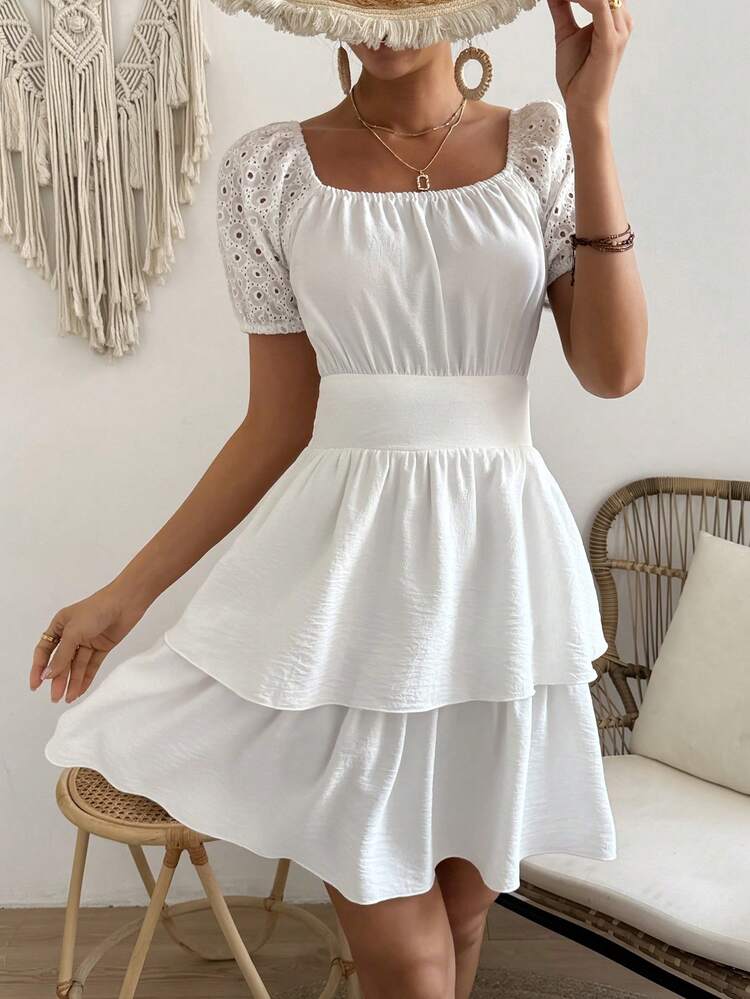 Solid Colored Square Neck Layered Overlay Dress