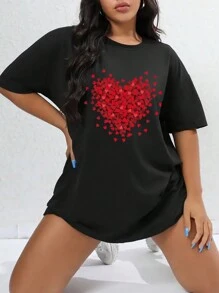 SHEIN EZwear 大尺碼女士心形印花長款t恤 - 黑色 - 查看 1
