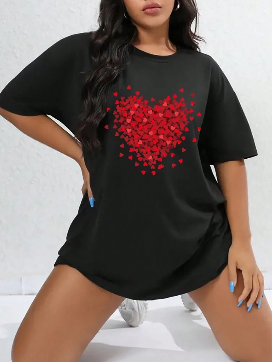 SHEIN EZwear 大尺碼女士心形印花長款t恤 - 黑色 - 查看 1