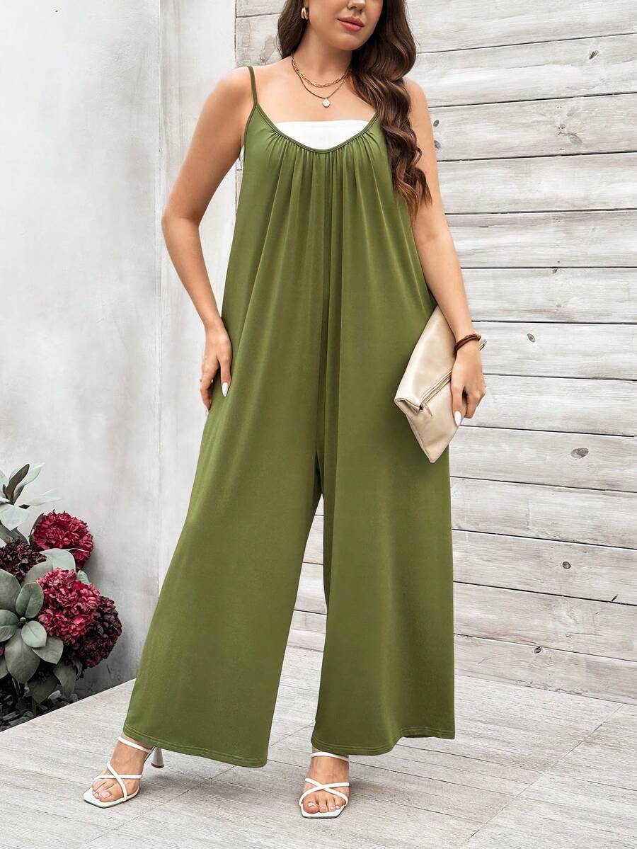 SHEIN LUNE Mono Informal Sin Mangas Con Tirantes Espagueti Para Mujer De Talla Grande - Verde militar - Ver 1