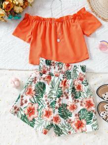 SHEIN Tween Girls' Off Shoulder Ribbed Top With Frill Trim And Plant Printed Shorts Set, School, Campus, College - Orange - View 2