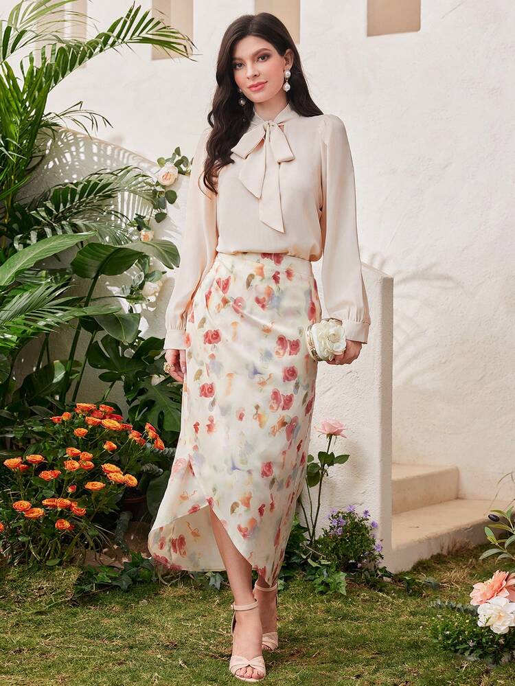 Women's Floral Print Cross Hem Skirt Fall Cloth For Women