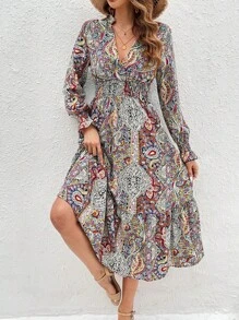 SHEIN LUNE 女性深v領紋飾連衣裙 - 彩色 - 查看 6