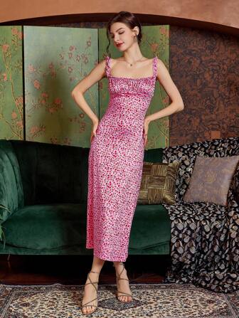 Rosa Spaghetti-Träger Blumen Boho Urlaubskleid