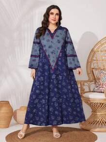 Al Najma Plus Size V-Neck Long Sleeve Dress Kaftan Jalabiya Dress - Multicolor - View 6