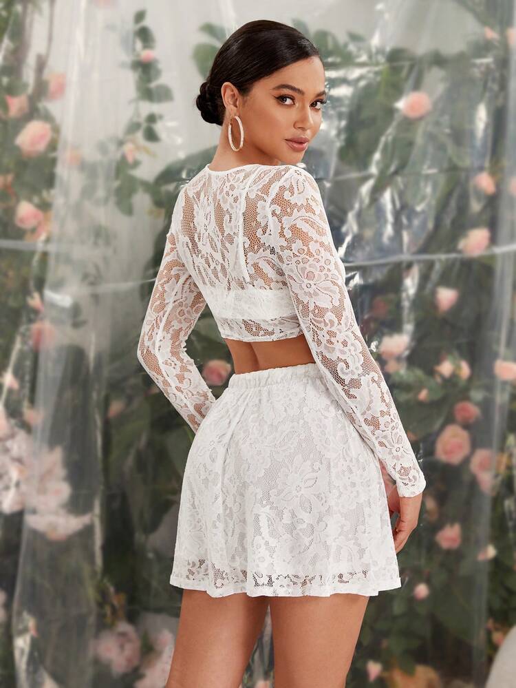 Women's Lace Asymmetrical Hem Long Sleeve Top And Skirt 2pcs/Set Fall Cloth For Women