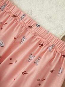 Tween Girls' Orange Cute Little Cat Printed Loose Fit Elegant 2pcs Homewear Set With Short Sleeve Top And Pants - Orange - View 8