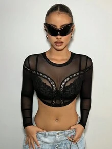 SHEIN ICON Sheer Mesh Top Decorated With Silver Thread Accessories For Women - Black - View 3