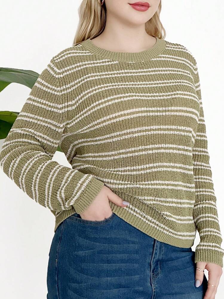 Plus Size Round Neck Striped Sweater
