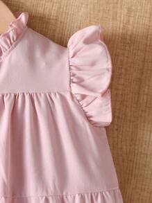 SHEIN 年轻女孩简约优雅立领纯色荷叶边领短袖连衣裙，夏季