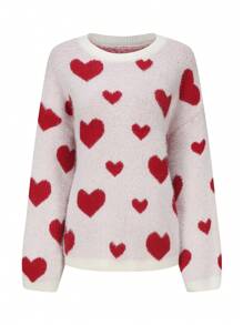 SHEIN LUNE Suéter de mujer con estampado de corazón, suéter de punto para otoño e invierno - Blanco - Ver 7