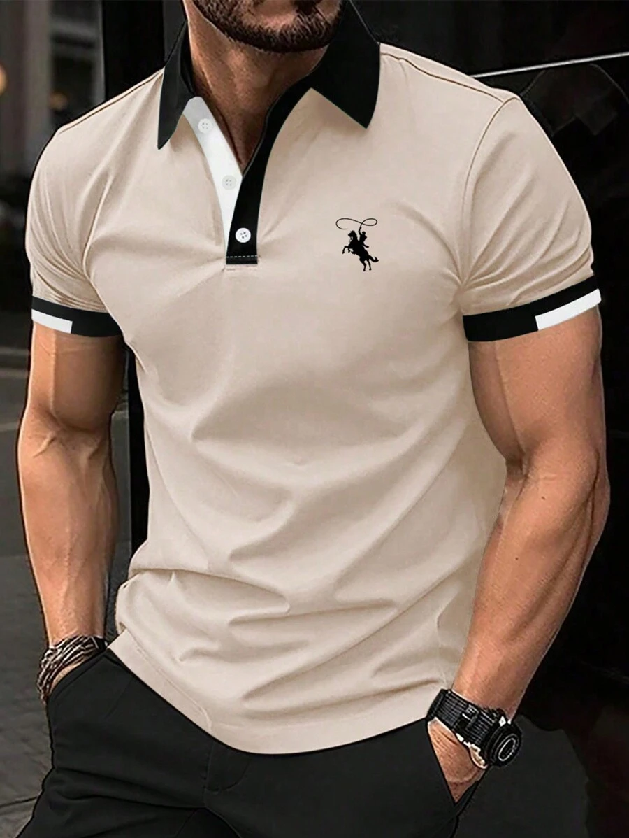 Manfinity Mode Men's Short Sleeve Polo Shirt With Horse Print - Khaki - View 1