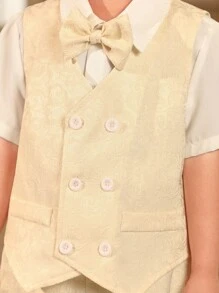 SHEIN Young Boy Gentleman 3-Piece Suit Set: Textured Waistcoat, Jacket + Shorts Trousers, Luxury & Elegant For Birthday Party, Gala, Wedding, Christening, Anniversary