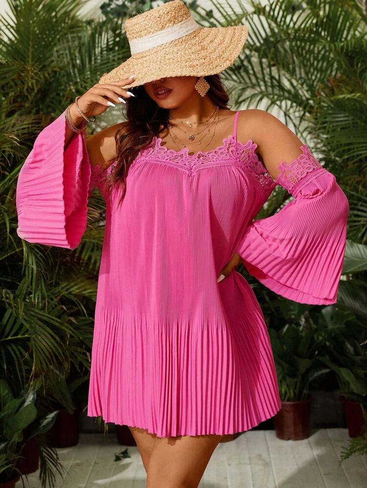 Plus Size Off-Shoulder Ruffle & Lace & Floral Splice Trumpet Sleeve Cami Dress