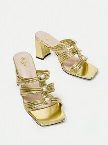 Women'S Fashionable Chunky Heeled Square Toe Gold High Heel Sandals - Gold - View 1