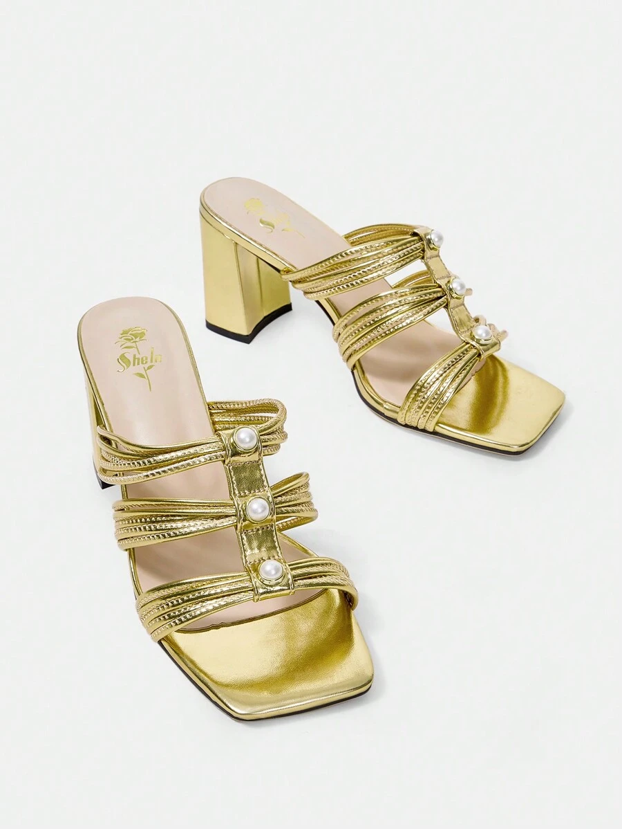 Women'S Fashionable Chunky Heeled Square Toe Gold High Heel Sandals - Gold - View 1