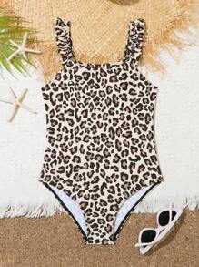 Young Girl Leopard Print One-Piece Swimsuit Leopard Print Summer Black Swim Bohemian Summer Holiday Cute