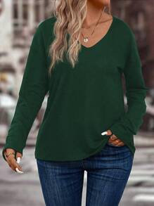 INAWLY Plus Size Solid Color Drop Shoulder T-Shirt, For Thanksgiving Fall Cloth For Women - Dark Green - View 5