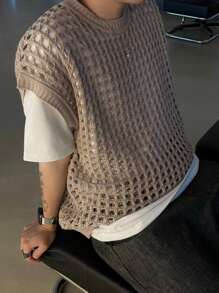 DAZY Men's Summer Round Neck Solid Color Semi-Sheer Knitted Top Fall,Winter - Khaki - View 5
