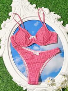 Swim Mod Set de bikini Summer Beach pentru damă, cu bowknot în carouri