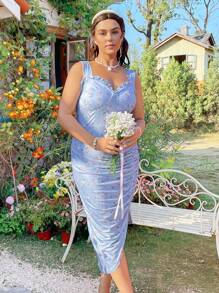 Dreamara Plus Size Casual Vacation Style Slim Fit Sweetheart Neckline Sleeveless Asymmetrical Hem Pleated Cami Dress With Wide Straps - Multicolor - View 5