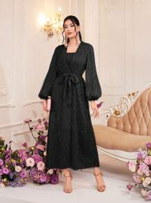 Modelyn Rochie de damă simplă cu bretele spaghetti și jachetă cu mânecă lanternă cu blană, 2 buc/set - Negru - Vizualizare 1