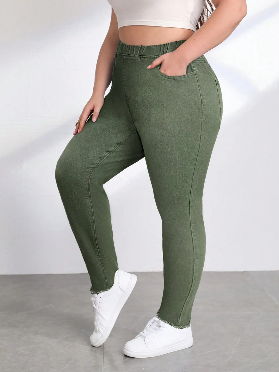 SHEIN EZwear 大尺碼修身休閒牛仔褲 - 軍綠色 - 查看 1