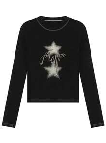 INAWLY Women's Star & Letter Print T-Shirt Graphic Tees Women Tops
