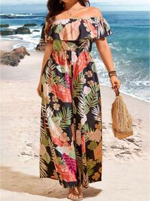 Breezaya Women's Plus Size Plant Printed One Shoulder Jumpsuit