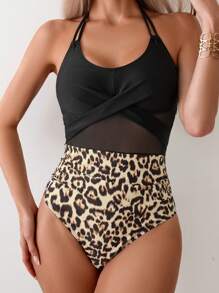 SHEIN Swim Sommer Einteiler Badeanzug mit zufälligem Muster und Mesh-Einsätzen