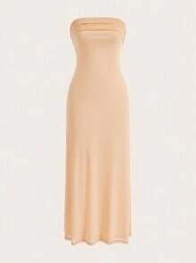 SHEIN Privé 女士褶皱露肩露背弹力网眼连衣裙，适合约会 - 香檳色 - 查看 4