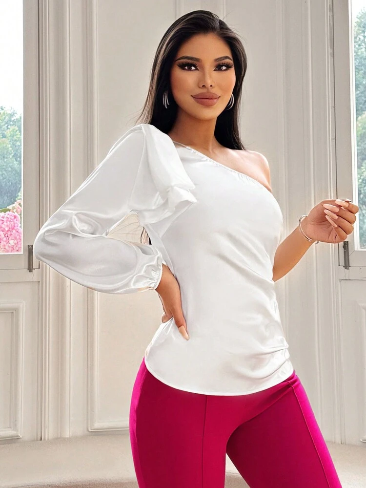 Spring White One Shoulder Satin Shirt For Women, Sexy Clubwear With Bowenot Detail, Valentine's Day