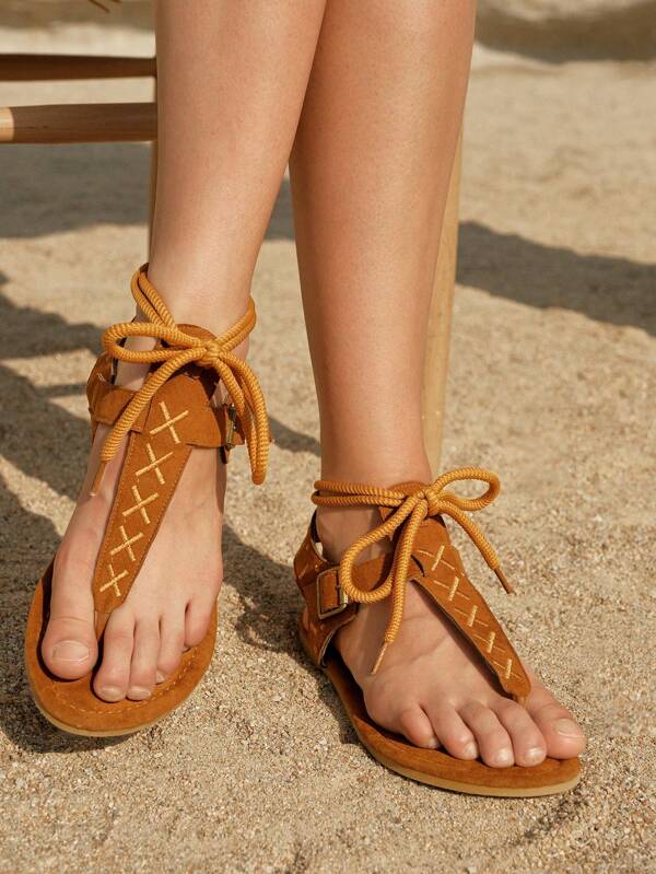 Styleloop Casual Outdoor Style Brown Flat Sandals With Toe Loop & Vintage Tassel Tie Design For Women,New Women's Roman Resort Style For Summer Vacation Shoes Summer Sale  Boho Feels Vintage Cottagecore Frenchy Shoes Halloween Christmas Fall