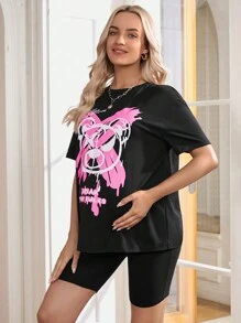 SHEIN Maternity Short Sleeve T-Shirt And Shorts Set With Letter & Bear Print - Black - View 4