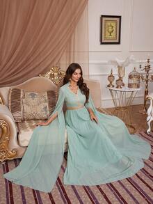 Women's Extra Long Sleeve Embroidered Ribbon Splice Cut-Out Neck Dress - Mint Green - View 9