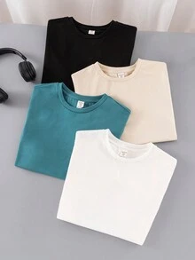 SHEIN 4入組寬鬆版型大學風純色短袖針織t卹套裝,適用於青少年男孩 - 彩色 - 查看 2