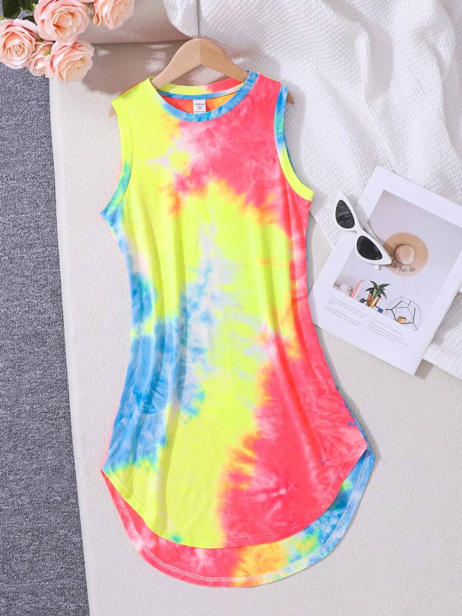 SHEIN Cô gái Tween Dệt kim Nhuộm cà vạt Vòng cổ Váy không tay Đối với Hằng ngày Và Trang phục trên phố In Mùa Xuân Và Mùa hè - Nhiều màu - Xem 1