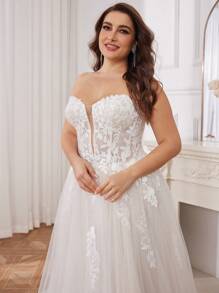 Plus Size Embroidered Tulle Bandeau Wedding Dress Elegant Bridal Dress,Bride - Beige - View 6