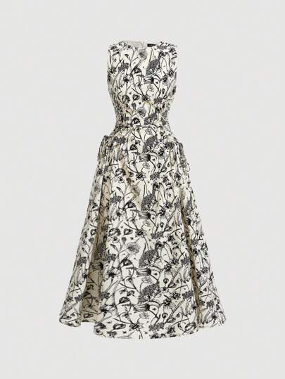 SHEIN MOD 女款全花朵印花束帶黑色連身裙