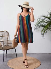 SHEIN VCAY 大尺碼女條紋細肩帶連身裙 - 彩色 - 查看 1