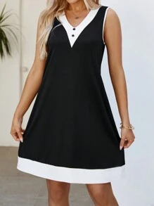 SHEIN LUNE Của phụ nữ Cổ chữ V Không tay Khối màu Đầm - Đen và trắng - Xem 4