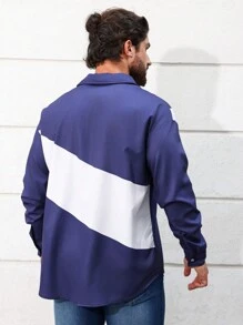 Manfinity Homme Camisa De Manga Larga Para Hombre Con Bloqueo De Color - Azul - Ver 2