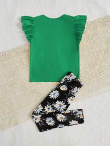 SHEIN 少女两件套针织纯色荷叶袖T恤和碎花长裤，休闲风格 - 綠色 - 查看 2